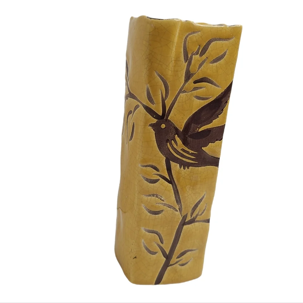Vintage Bird Tree Hand Painted Tall Rectangular Vase Flower Vase Unique Boho